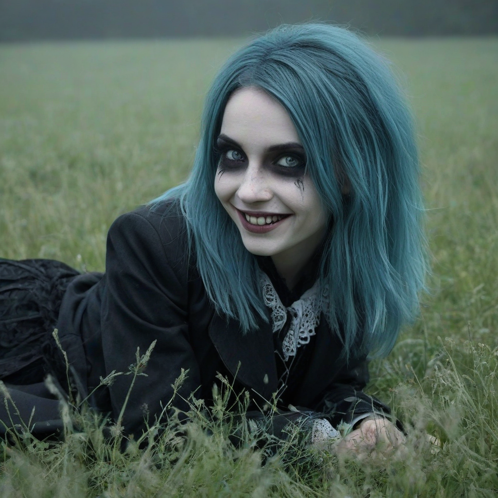Aquamarine hair, Gothic attire, large eyes, dark coat with lace, laying in misty meadow, creepy wide smile, sharp teeth
