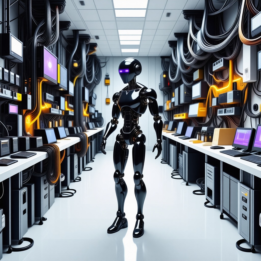 A wide shot, landscape view of a bright, futuristic room filled with cool electronic computer equipment, wires, and futuristic gadgets, with a sleek, black metal humanoid robot with purple accents framing the face, arms, and legs and around the torso, dancing in the center of the room with soft, natural lighting and a shallow depth of field, in a digital art style with clean lines and minimal textures.