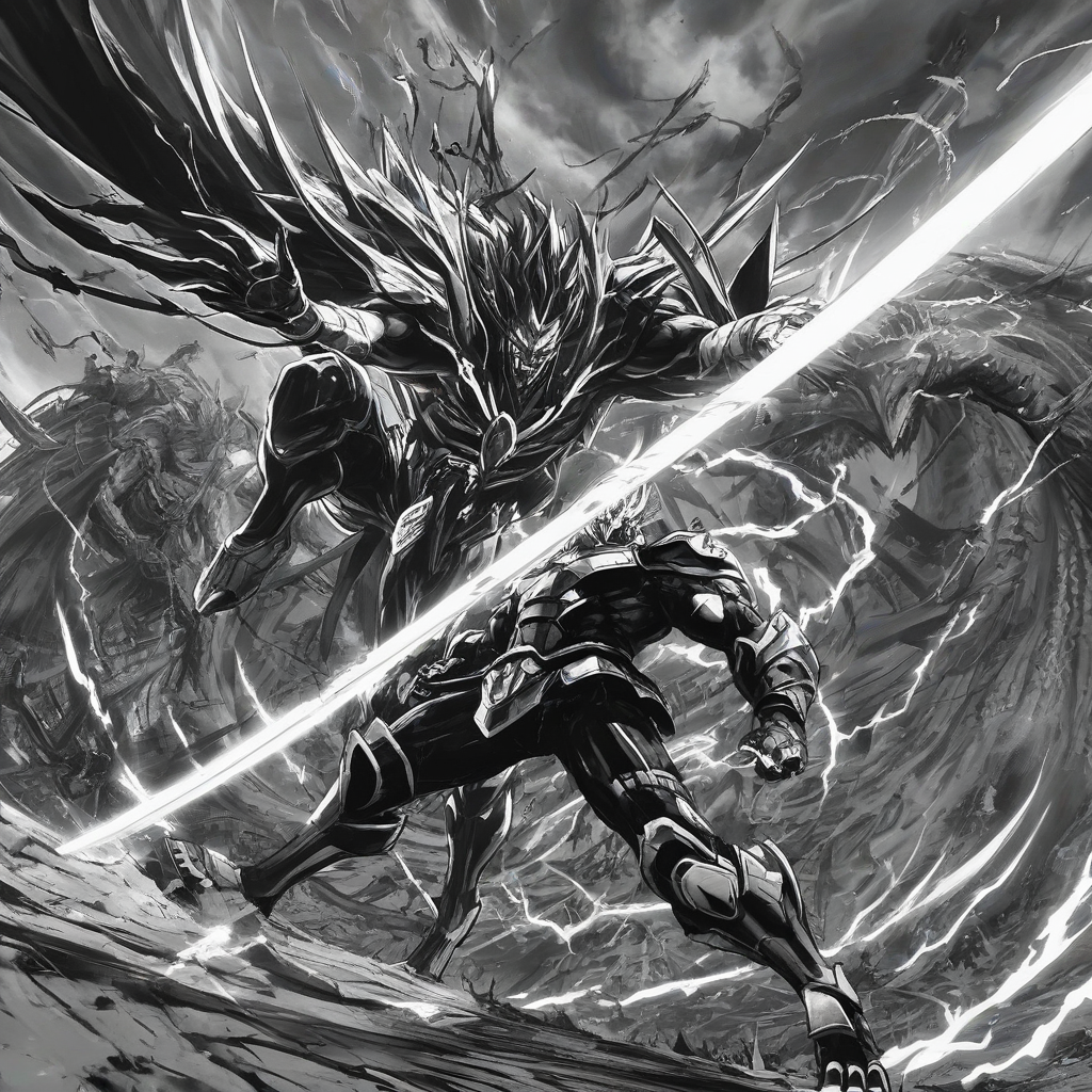 A black and white digital anime of two powerful beings in a fierce battle from a high angle, with a focus on dynamic movement and detailed linework, set against a faintly visible background, their feet planted firmly on the horizon ground.