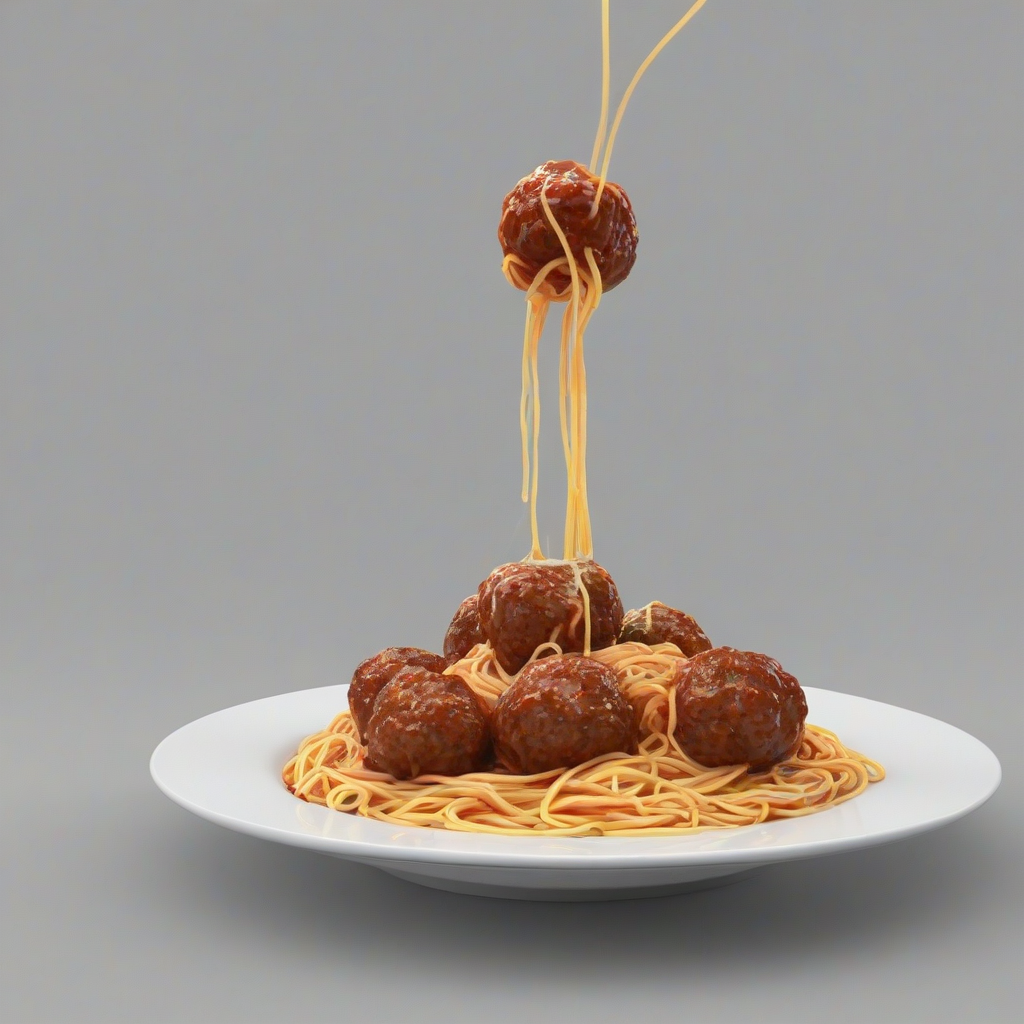 A 3D animated style plate of spaghetti and meatballs, with a full-body view of the dish on a plain white background, featuring vibrant colors and dynamic lighting, in the style of a cartoon or video game, with the spaghetti twirled around the plate and the meatballs sitting on top, steaming hot and freshly cooked