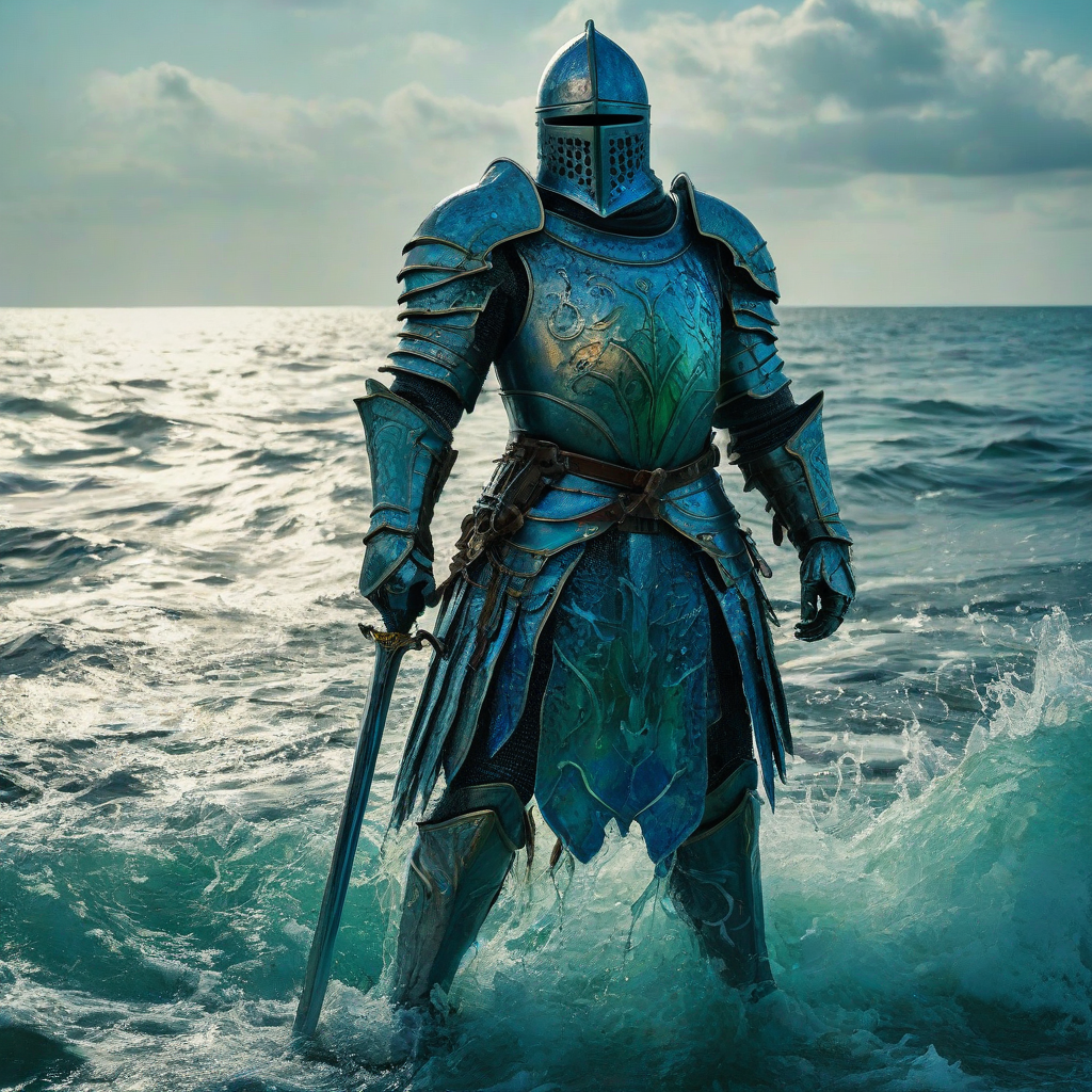 A knight made out of water, full-body view, standing on a oceanic background, with water engulfing its entire body, including its armor and sword, in a digital art style with vibrant blue and green hues, and dynamic shadows to emphasize the watery texture, wide shot to capture the knight's majestic presence