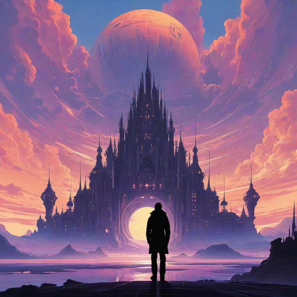 Andreas Rocha and Syd Mead art style, royal alien silhouette stares at regal space palace with fluffy pastel clouds
