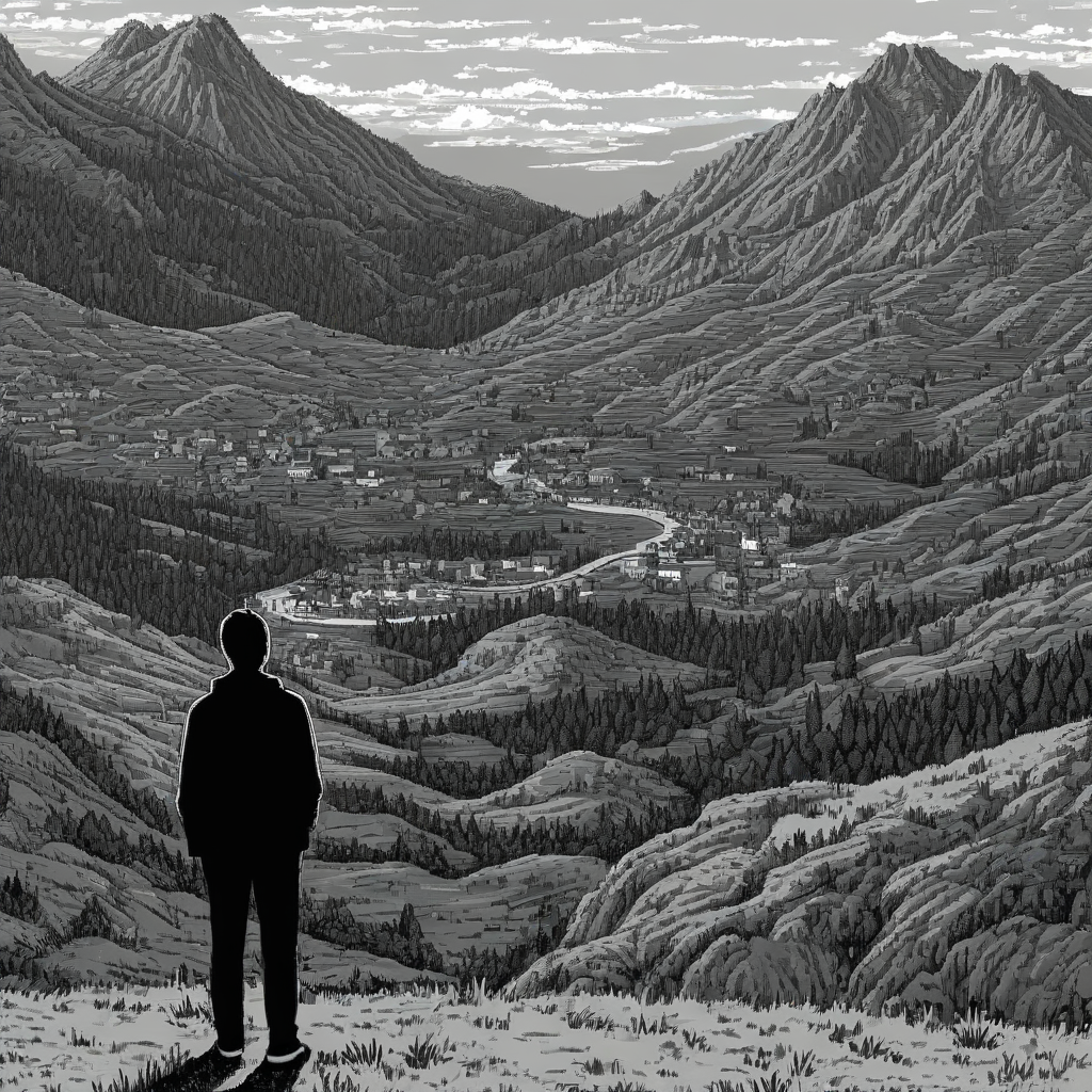 Cute black and white pixel art of a person looking at a pixel art landscape