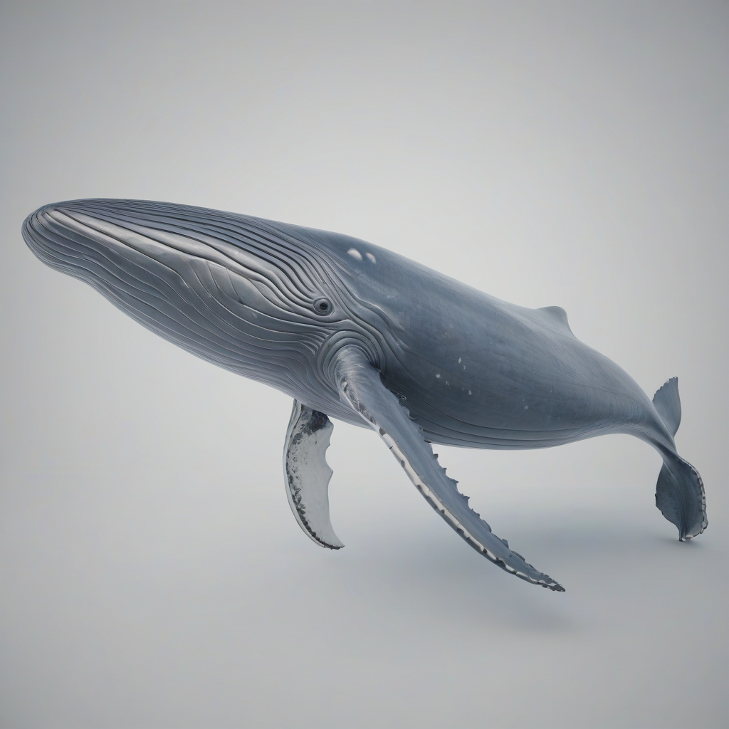 A large, full-body view of a blue whale, with a grey and white color scheme, swimming in the ocean on a sunny day with a wide-angle shot and a plain white background, digital art style, with dynamic shadows and backlight, on a plain white background, even lighting 
