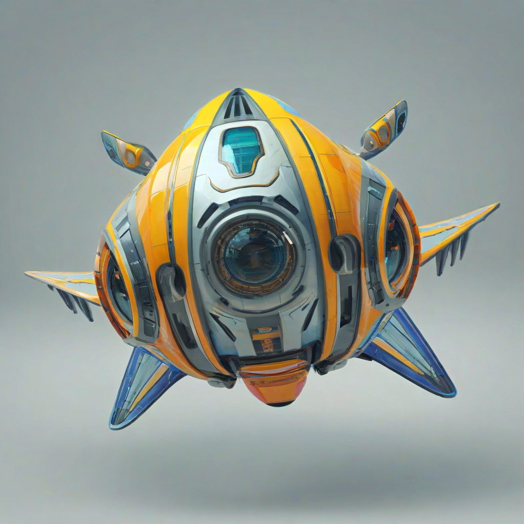 A colorful 3D cartoon style illustration of a flying object, such as a futuristic spaceship, with a wide shot view, with bold lines and vibrant colors, with the flying object prominently displayed and its details clearly visible, on a plain white background, even lighting
