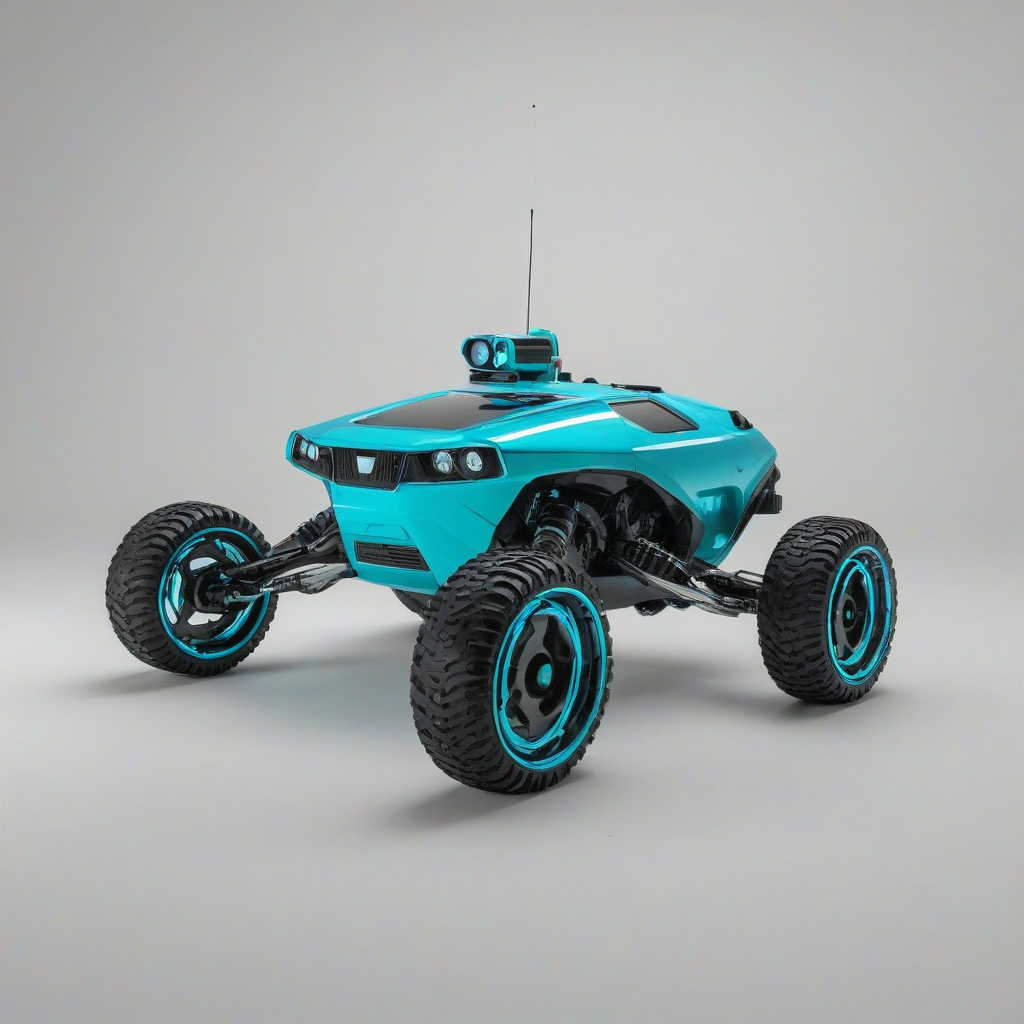 Cyan synthwave rover, full-body view, wide shot, on a plain white background, on a plain white background, even lighting 
