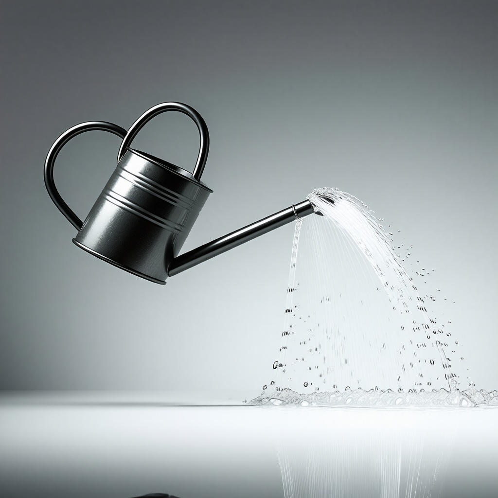 A metal watering can with a long spout, pouring water out in a wide arc, against a plain white background, in a full-body view with the can's handle and feet visible, in a digital art style with bold lines and vibrant colors, with a shallow depth of field and a slight glow effect on the water