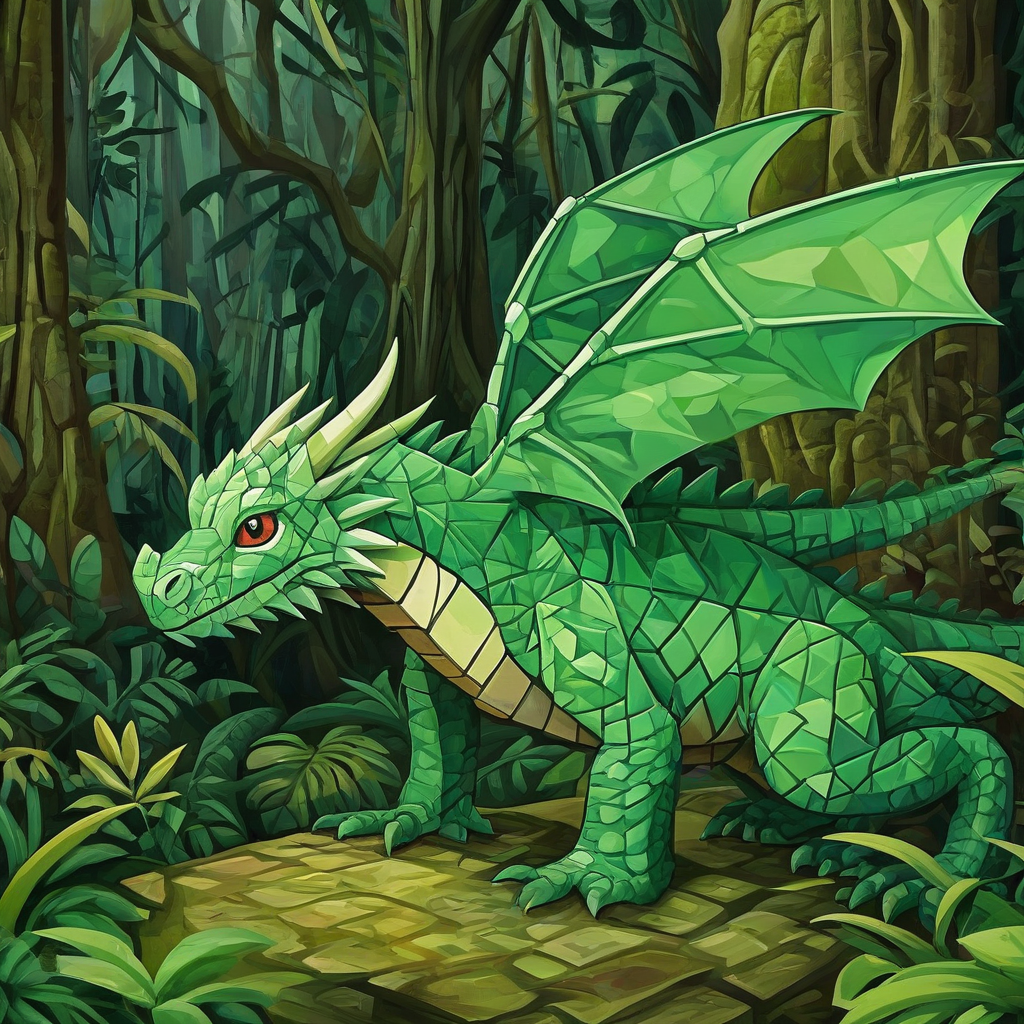 Cubism style of a small green dragon in a rainforest