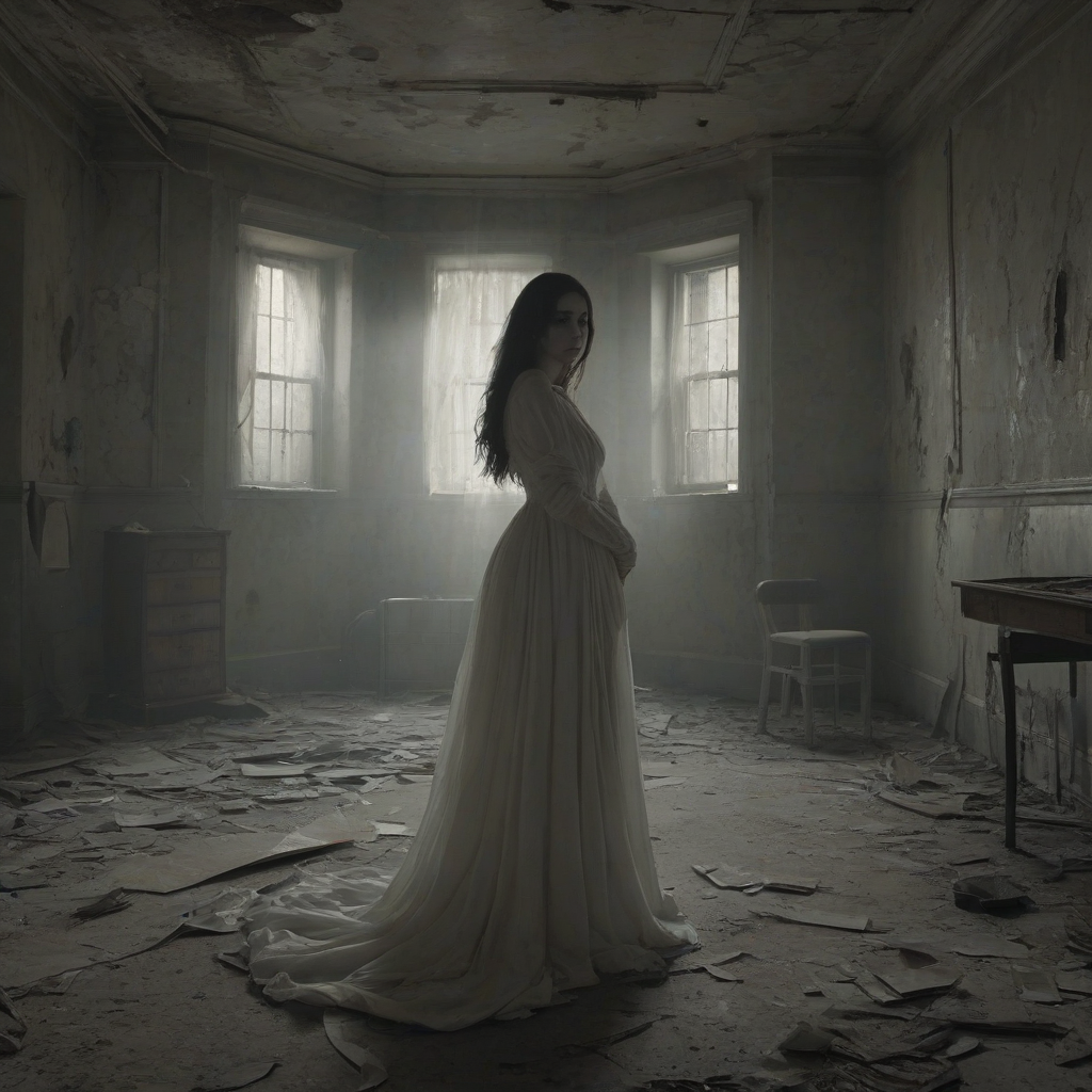 A ghost lady in a wide shot, full-body view, with a flowing white gown, standing in the middle of a dimly lit, abandoned hospital room with peeling walls and old medical equipment, in a digital art style with a mix of realistic and eerie lighting,