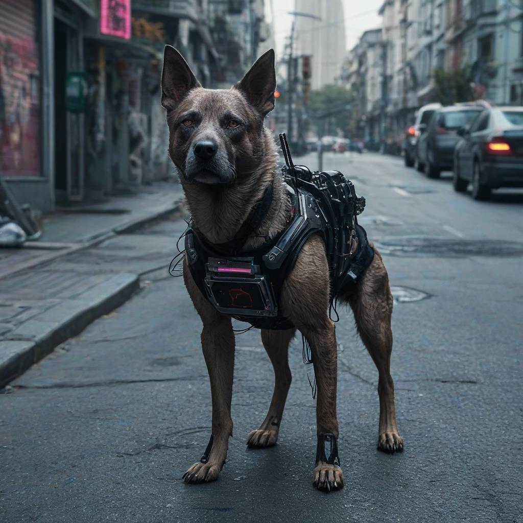 A cyberpunk dog in a street
