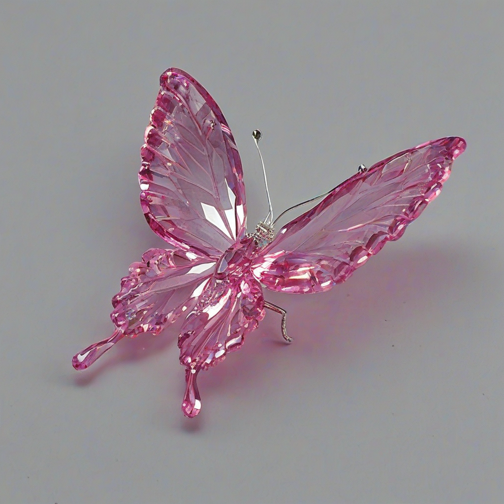 pink crystal butterfly, on a plain white background, even lighting