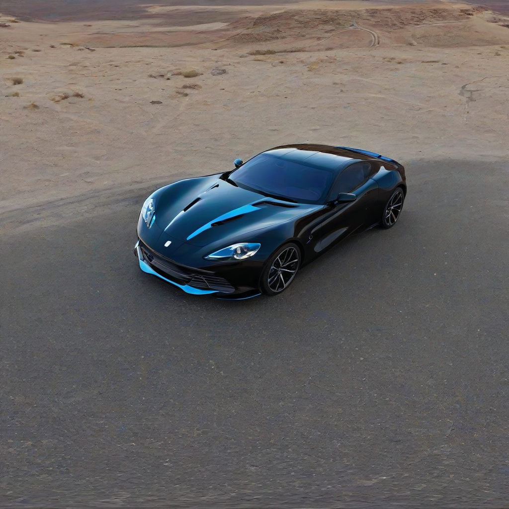 A sleek, black sports car with glowing blue headlights and a spoiler, in a wide shot with the entire car visible, including the wheels and ground, on a road in the middle of a desert, in a digital art style with vibrant colors and dynamic shadows