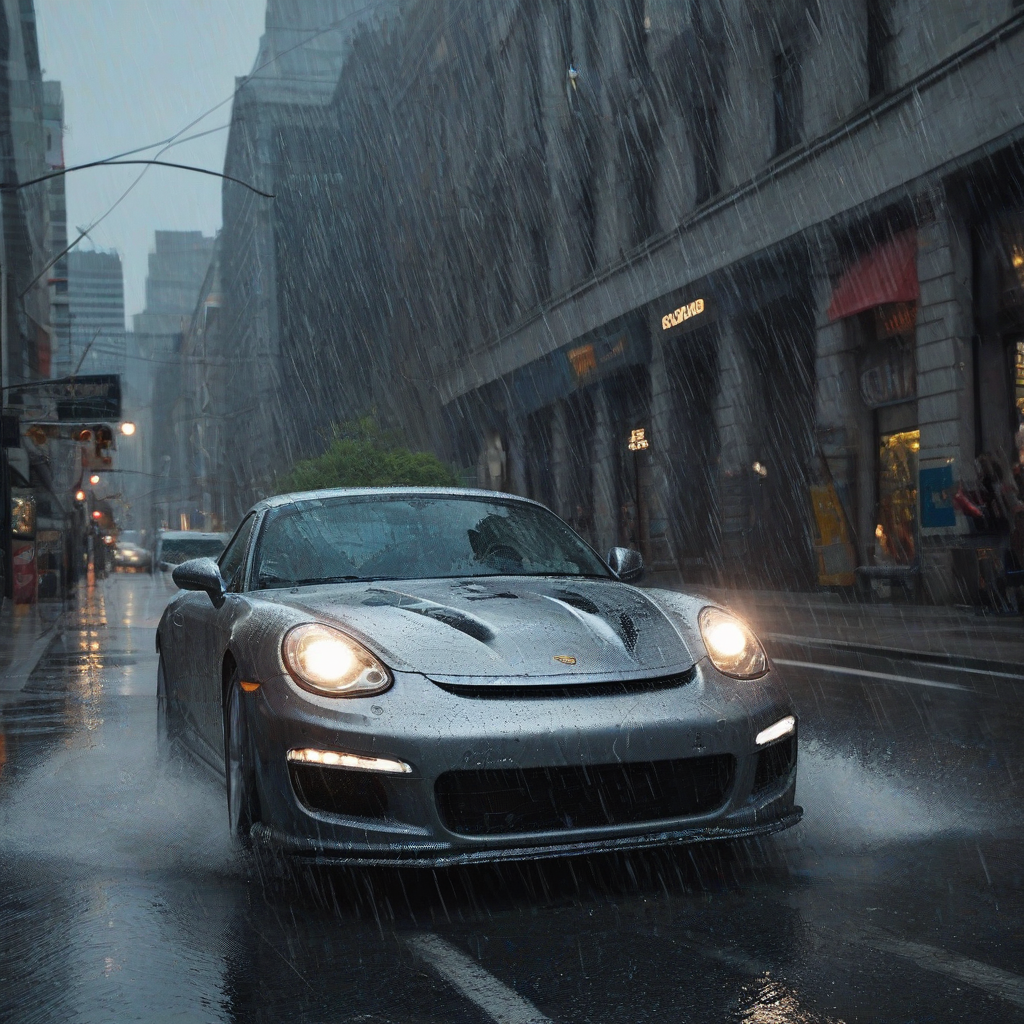 A lone super cool sports car with airbrushed scenes on it, zooming through the city, raining, there is water being kicked up by the tires as the car skids down the street, Dramatic lighting with slight beams of light from small breaks in the clouds