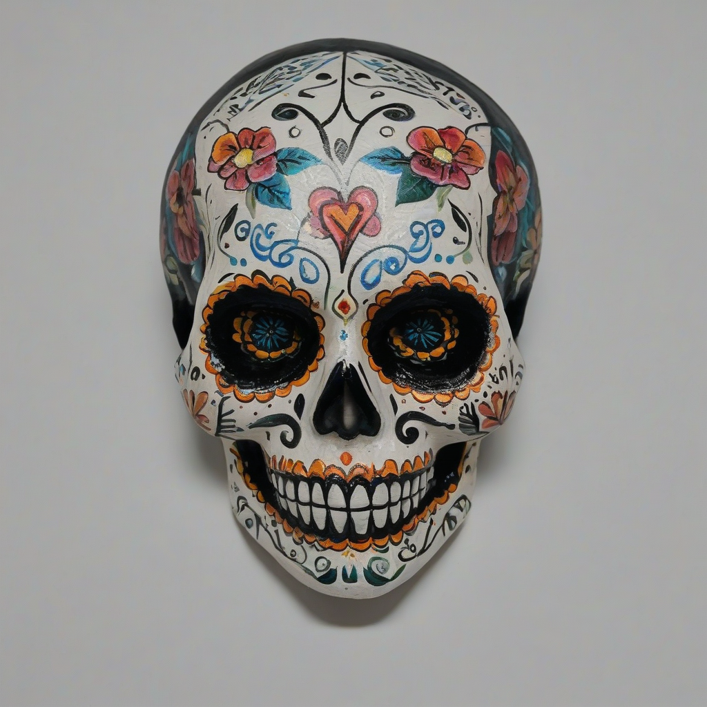skull painted with dia de los Muertos face painting, bright lighting, on a plain white background, even lighting