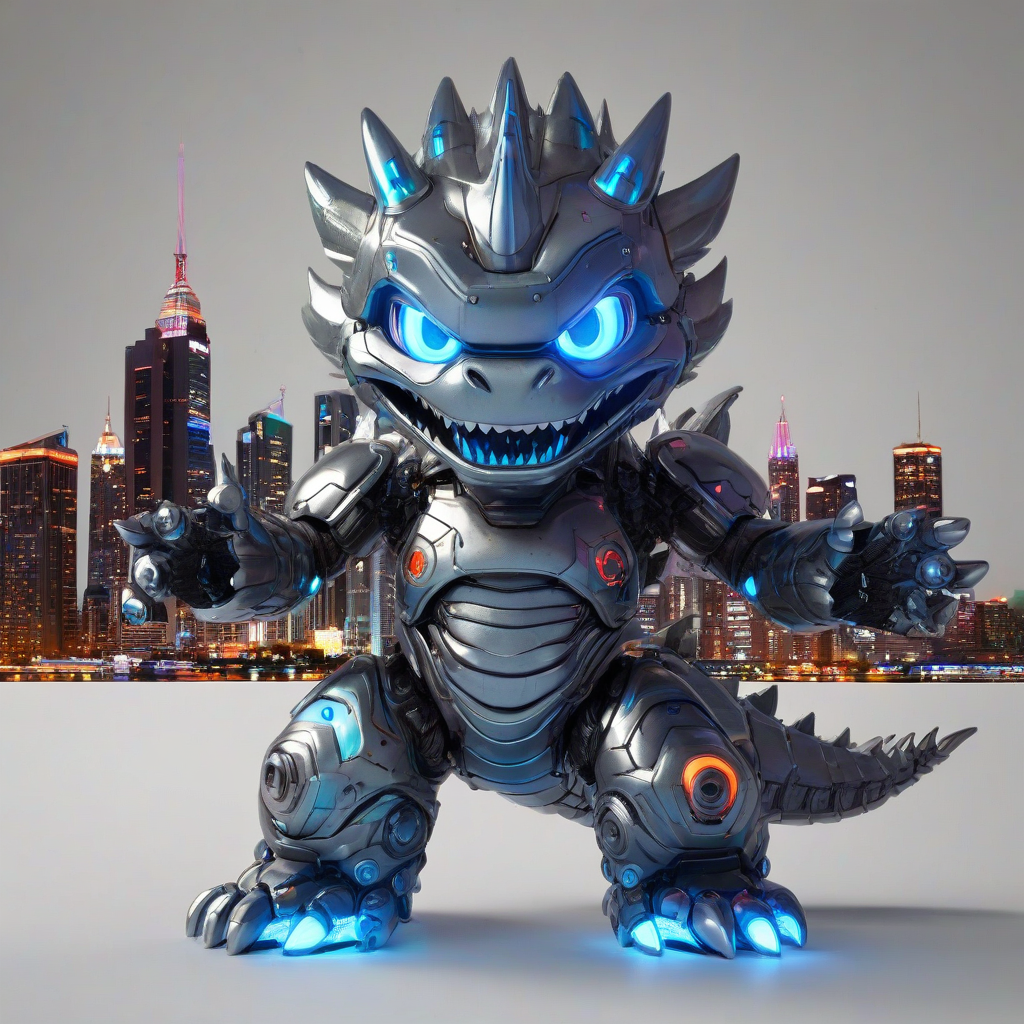 A chibi style mecha Godzilla, full-body view, with a bright and colorful cityscape in the background, mecha Godzilla has a big smile and glowing blue eyes, with a mix of metallic and neon lights on its body, in a wide shot, on a plain white background, with dynamic shadows and a soft, warm backlight, on a plain white background, even lighting 