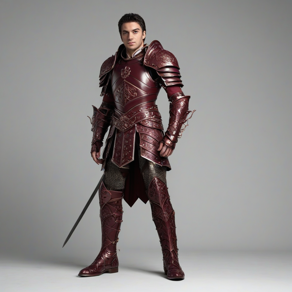 A full-body view of a piece of maroon, Gothic-style armor, with intricate engravings and ornate details, set against a plain white background, in a wide shot, with dramatic lighting and dynamic shadows, in the style of a digital illustration