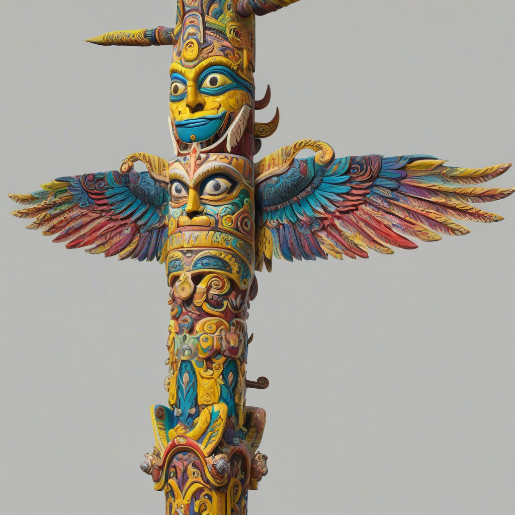 A brightly colored, medieval-inspired totem pole, with a vibrant yellow base and intricate carvings of mythical creatures, set against a plain white background, in a wide shot with the entire pole visible from top to bottom, with a sense of mysticism and ancient storytelling, in the style of a digital illustration with bold lines and textures, on a plain white background, even lighting, on a plain white background, even lighting 