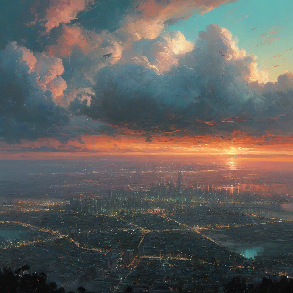 Jeremy Mann art style sunset over fantasy cityscape, giant fluffy pink, white, and orange-tinged clouds, faint blue and green city lights