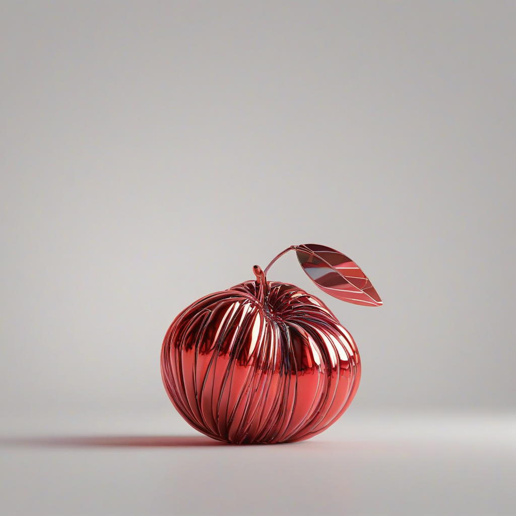 A vibrant, red, futuristic fruit with a metallic sheen, sitting on a plain white background, full-body view, wide shot, with dynamic shadows and a soft, cinematic lighting, in a digital art style, with bold lines and bright colors