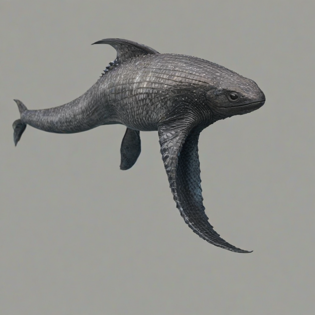 A highly detailed, hyperrealistic, full-body view of an underwater creature, with sleek black scales that reflect the faint glow of the ocean's bioluminescent creatures, set against a plain white background, with precise textures and intricate details, in a wide shot that captures the creature's entire body, including its fins and tail, with soft, diffused lighting that accentuates its shiny black skin, on a plain white background, even lighting