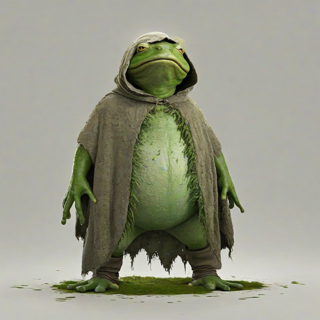 a cartoon style human, frog monster, standing on two legs, with a large, round, green belly and moss covering his skin, wearing a hooded cloak and tattered pants, on a plain white background with even lighting, with a menacing and eerie atmosphere, on a plain white background, even lighting
