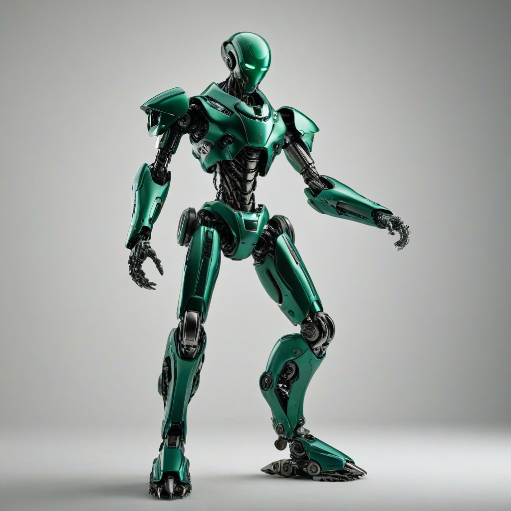 A full-body view of a futuristic, emerald-green robot with intricate, organic-inspired details and biomechanical elements, set against a plain white background, in a wide-shot composition with dramatic, dynamic shadows and soft, natural lighting, in the style of a highly detailed, digital illustration with a focus on realism and texture, with the robot's mechanical limbs and torso prominently displayed, and its emerald-green color scheme accented with metallic silver and copper tones, on a plain white background, even lighting