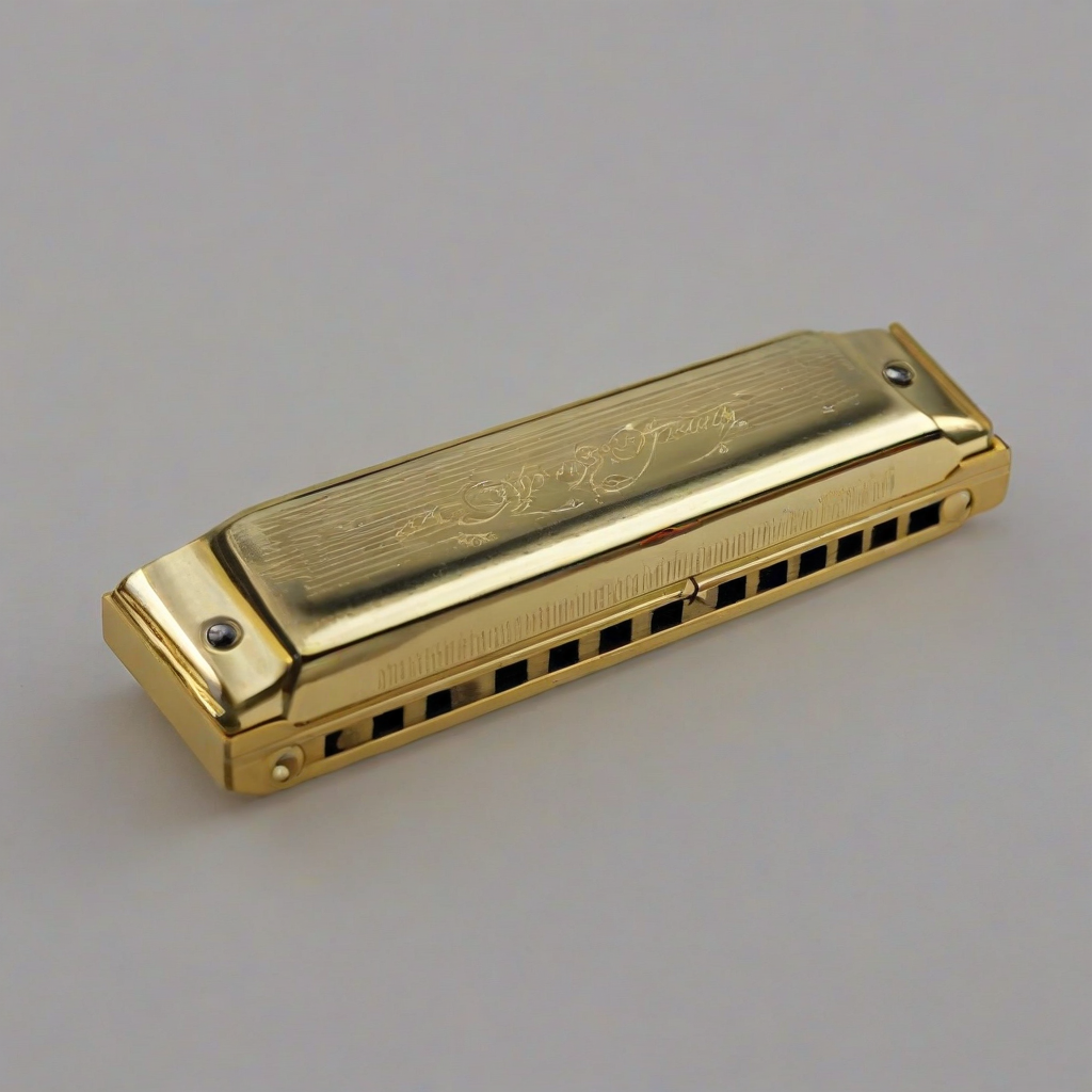 gold harmonica, wide angle shot, bright lighting, on a plain white background, even lighting