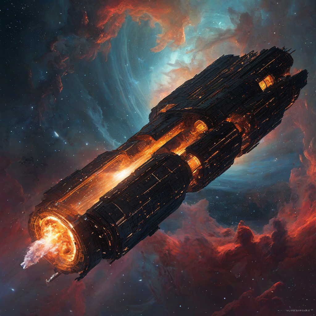 Digital macro art of a giant celestial space station with a bulky rectangular design, visible texture in the structure, large billowing nebula swirling round it, large glowing power core in the center, it is flying away from the camera and entering the nebula, red, black, gold, and orange accent colors, Michael Whelan and Jeremy Mann art style influence