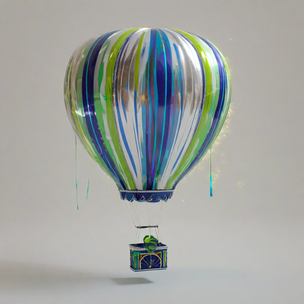A full-body view of a vibrant hot air balloon, with a shiny metallic envelope, standing on a plain white background, with bright lime green accents and glowing blue accents, in a wide shot, with a sense of dynamic movement, as if it's about to take off, with a mix of digital art and 3D rendering styles, and a hint of magic and wonder in the atmosphere, on a plain white background, even lighting