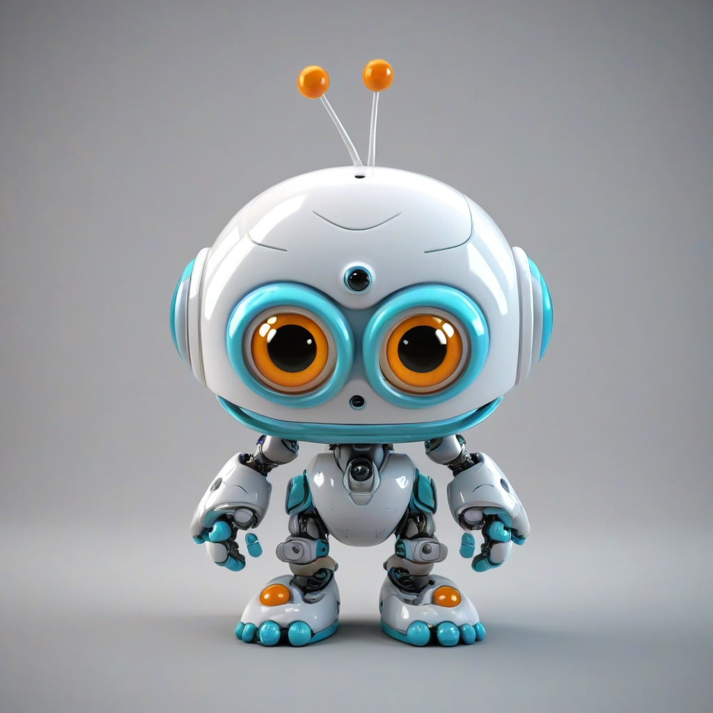 3d cartoon animation, cute baby robot alien, big eyes, rounded features, short body, tiny nose, tiny feet, vivid colors, wide angle shot, feet visible, on a plain white background, even lighting