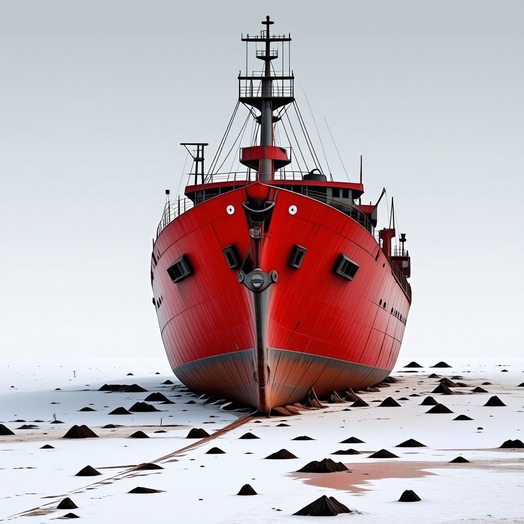 A heavily weathered, crimson-colored ship, with a post-apocalyptic theme, in a wide shot, with the entire ship visible, on a plain white background, with a dramatic, dark, and ominous atmosphere, and a sense of decay and neglect, with visible signs of damage and rust, and a feeling of being abandoned for decades, in a digital art style, with bold lines, and vibrant colors, and a focus on the ship's textures and details