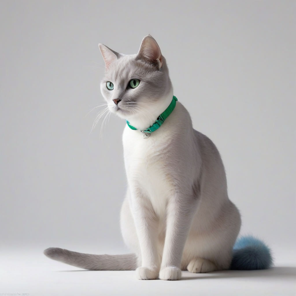 A full-body view of a pet, Sapphire, a sleek and modern cat with short, silver-blue fur and piercing green eyes, sitting on a plain white background, with a minimalist, modernist-inspired collar around its neck, in a wide shot, with its feet visible, in a digital art style, with bold lines and geometric shapes, and a subtle gradient effect in the background, on a plain white background, even lighting 