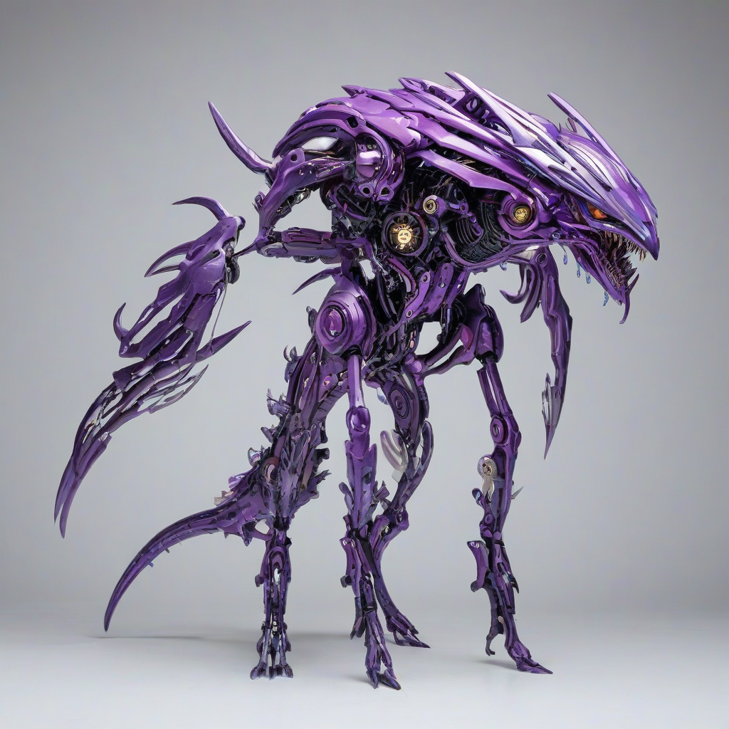 full-body view of a purple biomechanical creature, anime style, on a plain white background