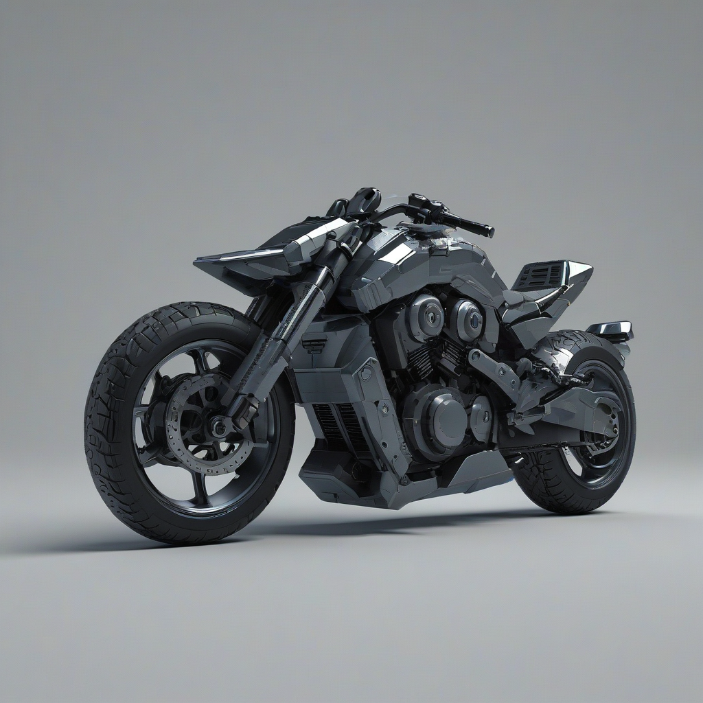 A full-body view of a futuristic, charcoal-colored, pixel art-style motorcycle with a sleek design, set against a plain white background, with a wide-angle shot and dynamic shadows, incorporating a sense of speed and movement, in a digital art style, with a focus on the vehicle's metallic textures and a subtle gradient effect on the wheels, on a plain white background, even lighting
