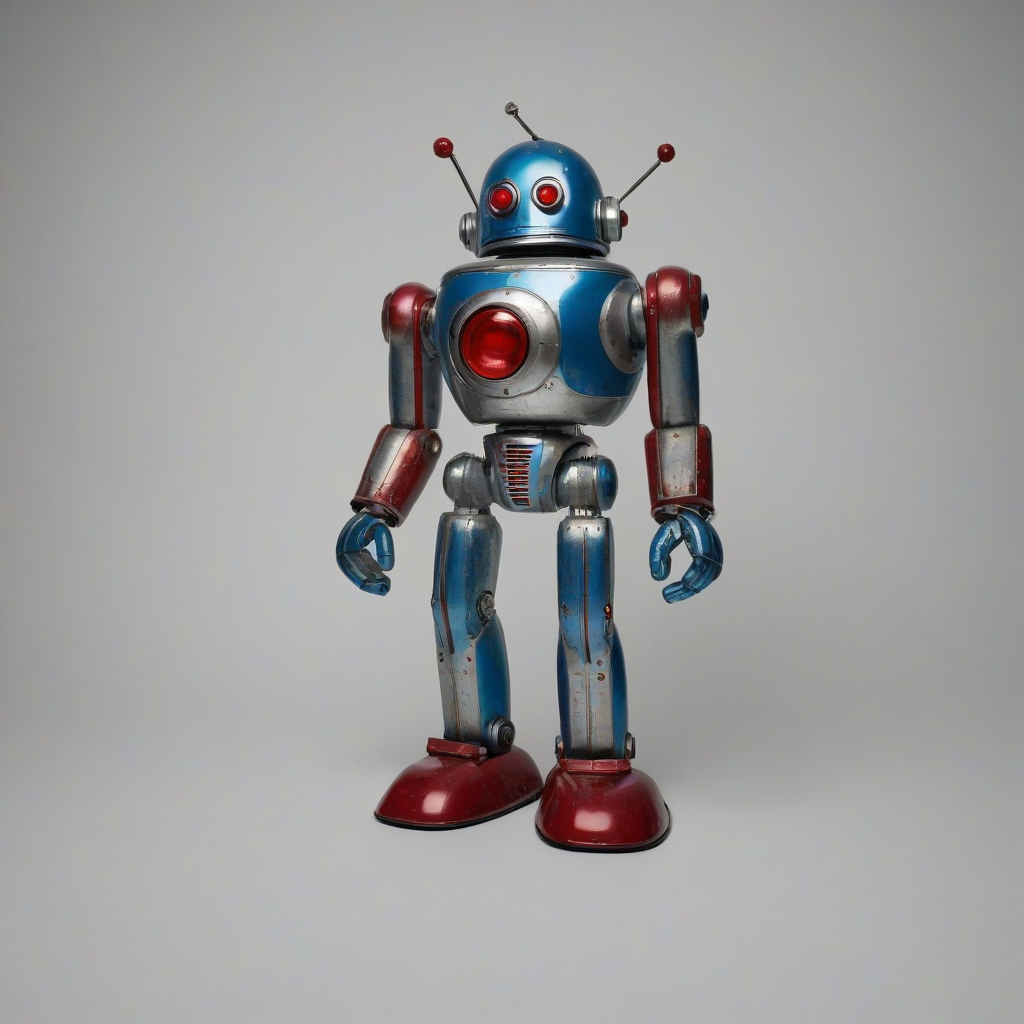 A full-body view of a vintage toy robot with a metallic body, blue and red accents, and a distinctive dome-shaped head, standing on a plain white background, with a wide-angle shot and soft, warm lighting, in the style of a nostalgic illustration from the 1950s, on a plain white background, even lighting 