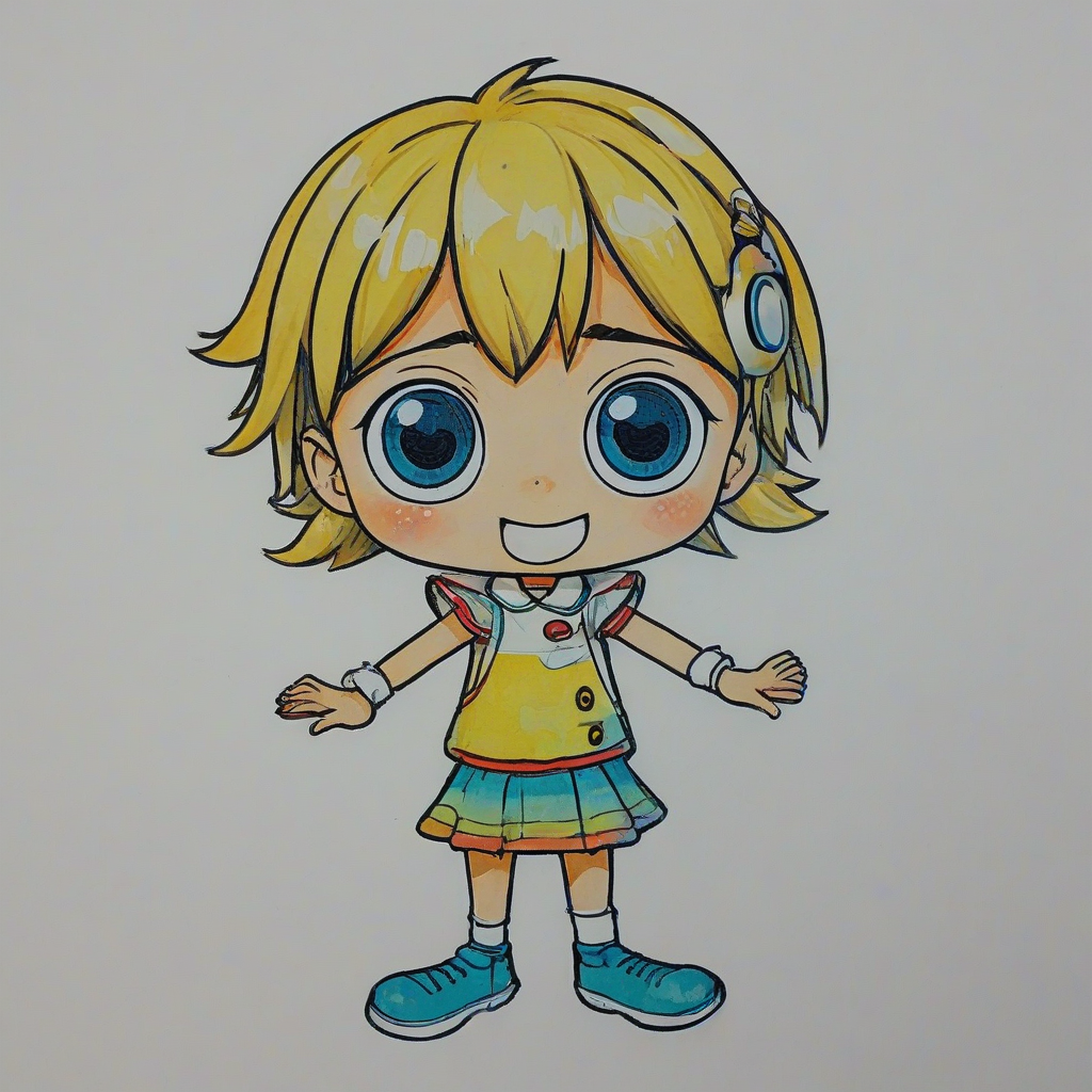 a hand-drawn anime character with big eyes, a happy expression, bright colors, and visible feet on a plain white background, on a plain white background, even lighting