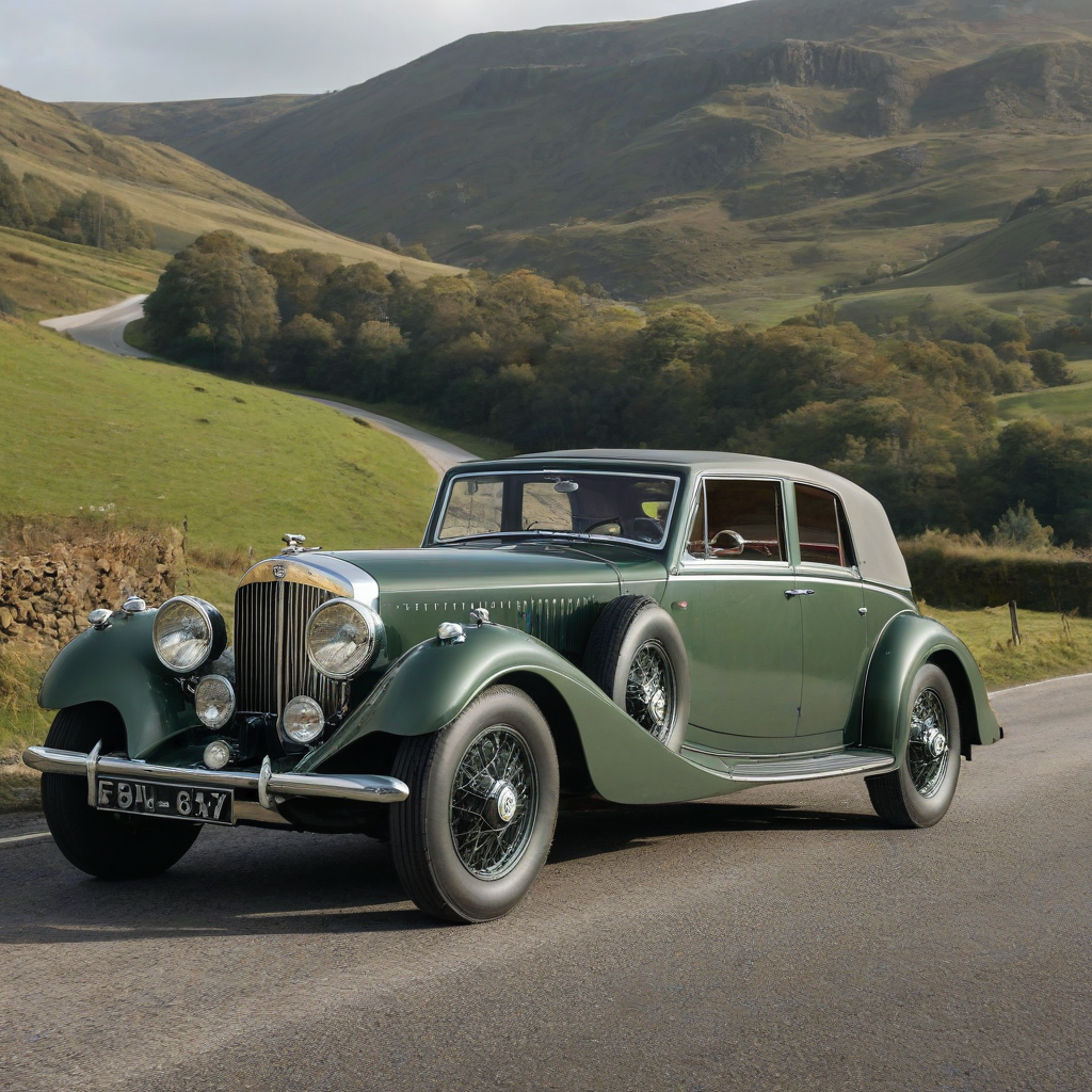 1934 Bentley Derby, sage green, 3:4 view, dramatic low angle, parked on a peaceful country road
