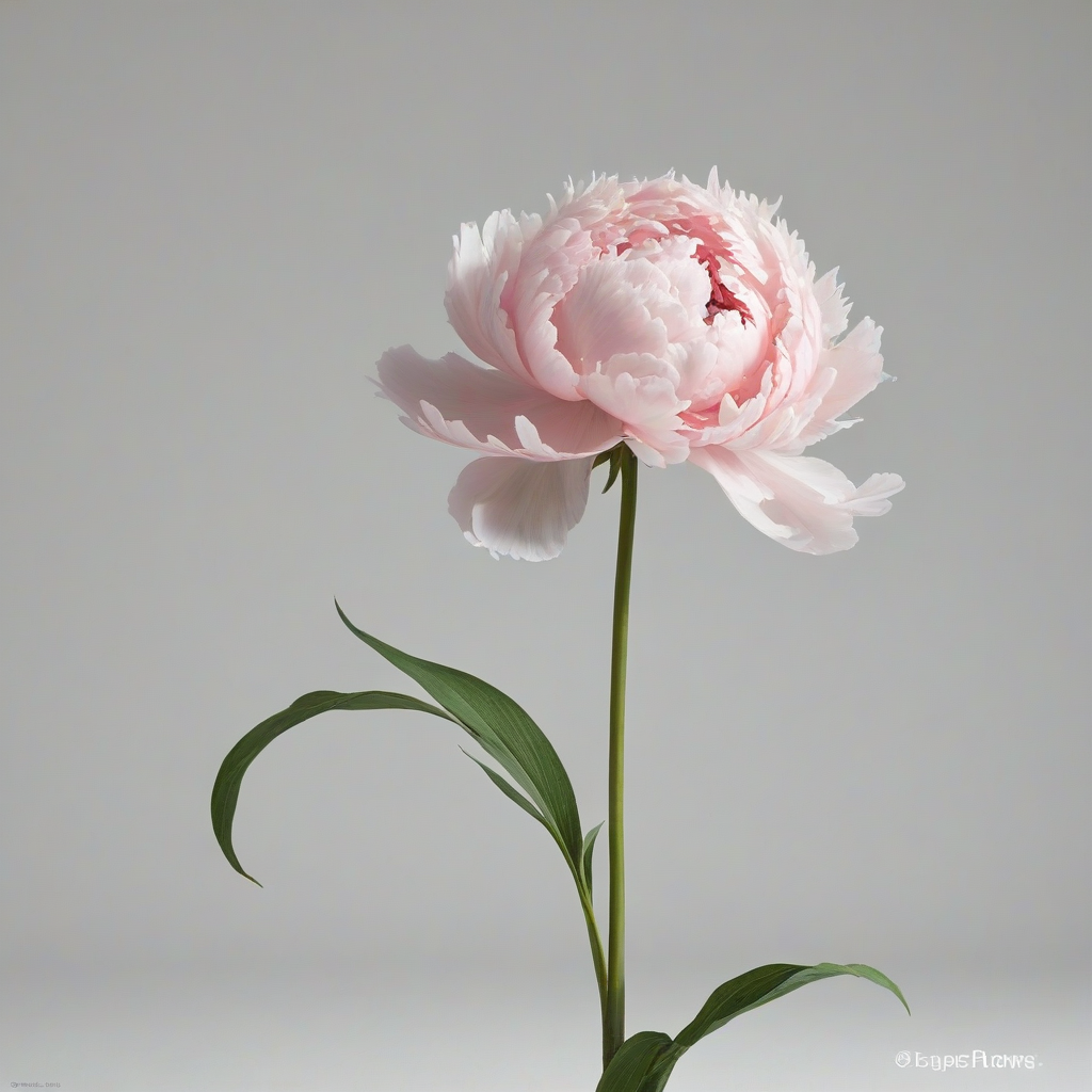 A fully bloomed, light pink peony flower, with delicate petals and a lush green stem, in a wide shot, full-body view, with the entire flower visible, on a plain white background, with soft, natural lighting and subtle shadows, in a realistic, high-definition, photographic style, on a plain white background, even lighting