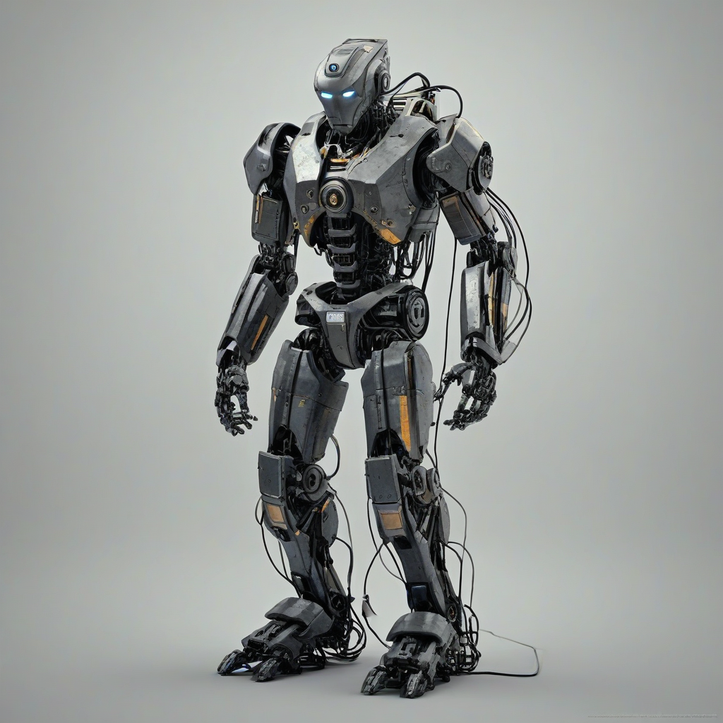 A full-body view of a robot with a grunge aesthetic, featuring a mix of dark grey and black metallic tones, with visible bolts and wires, set against a plain white background, in a wide shot with the robot's feet visible, with a sense of dynamic movement and energy, in a digital art style with bold lines and textures, replacing the charcoal tones with slate grey, on a plain white background, even lighting