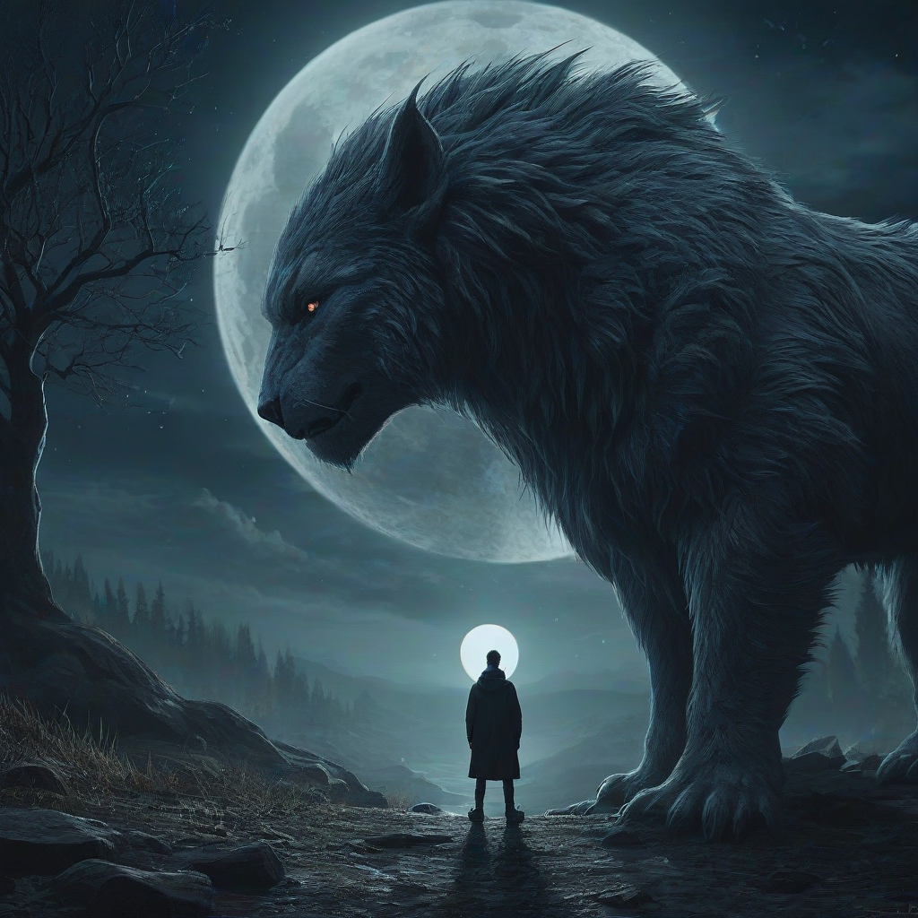 Digital art environmental scene at night, person and gentle moon spirit beast staring down
