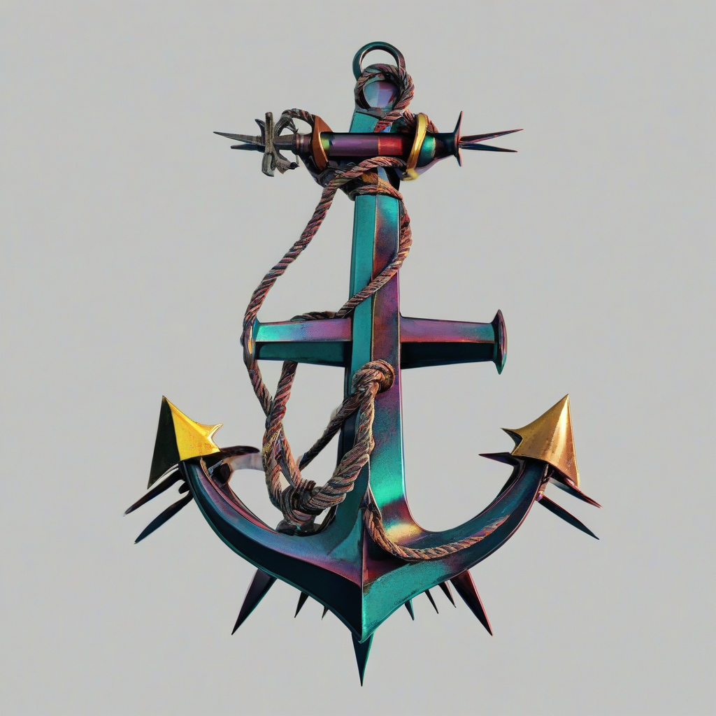 A punk style boat anchor, with a bold, metallic color scheme and spiked details, in a wide shot, with the entire anchor visible, including the rope and the anchor's base, on a plain white background, in a digital art style with bold lines and vibrant colors, with a sense of dynamic movement and energy, on a plain white background, even lighting 