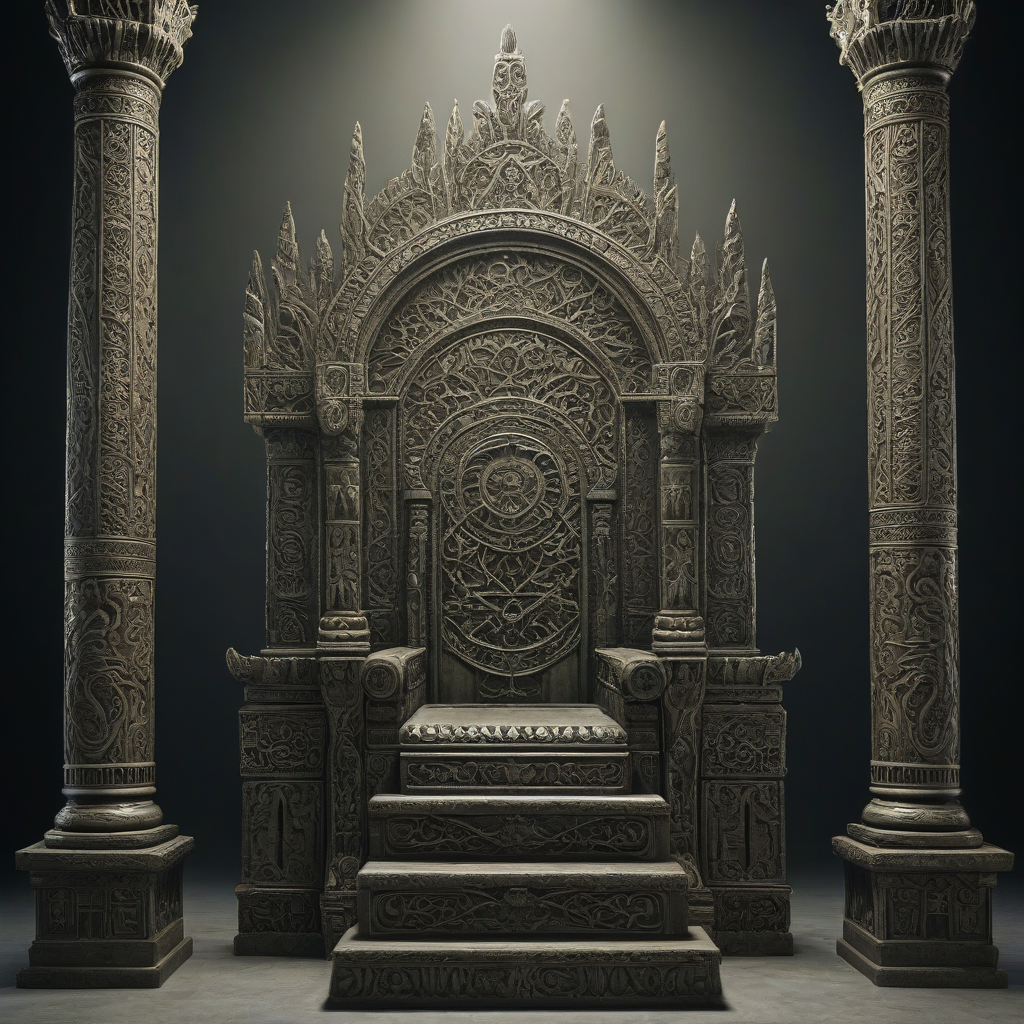 A majestic, ominous throne with intricate carvings, set against a dark, mystical background, with a predominantly khaki color scheme, in a dark fantasy style, with dramatic lighting, wide shot, full-body view, on a plain white background