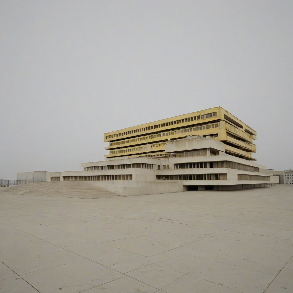 Brutalist building, mustard yellow, wide shot, plain white background, full-body view, on a plain white background, even lighting 