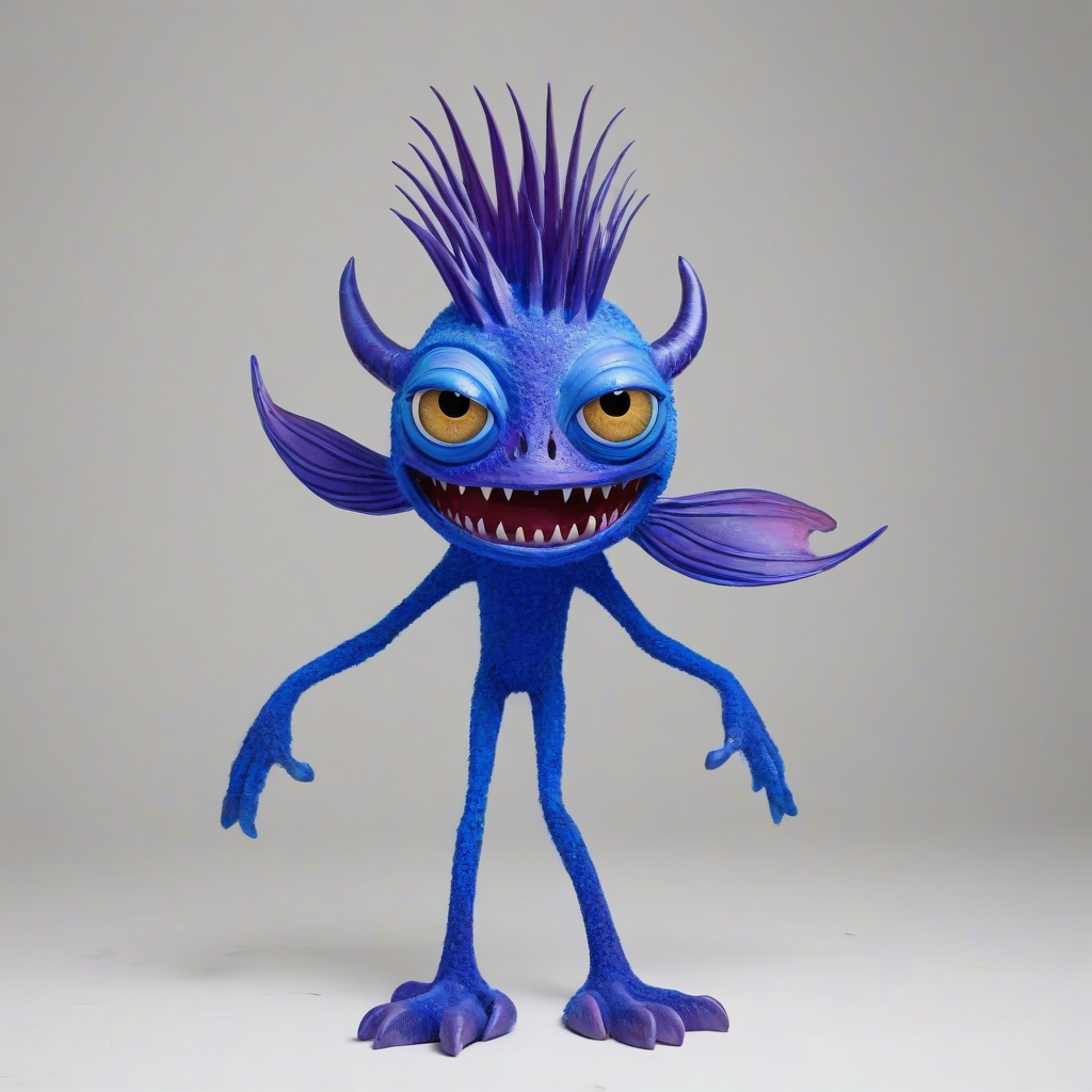 Majorelle blue colored monster , with Mardi Gras purple colored fish fins, big eyes, mischievous look on its face, full body visible,, on a plain white background, even lighting