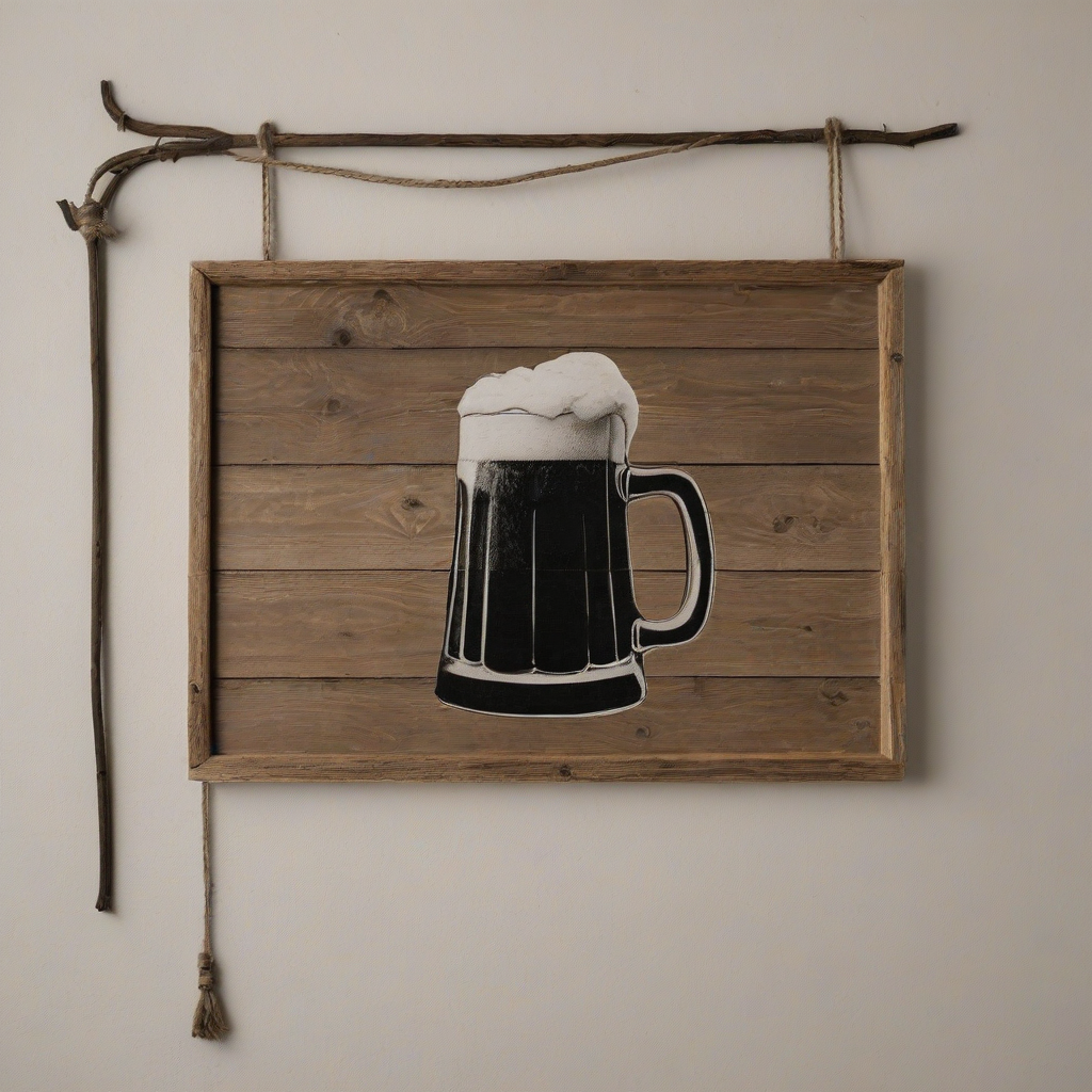 A rustic tavern sign, made of old wood, with a charcoal drawing of a foaming mug of beer, in a contemporary style, wide shot, full-body view, on a plain white background