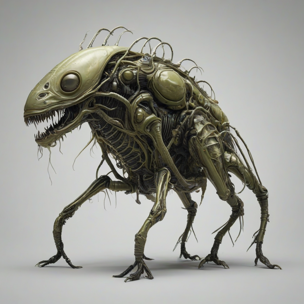 A detailed, full-body view of a unique, alien parasite, with a khaki color scheme, set against a plain white background, in a cyberpunk style, with a focus on neon accents and dark, metallic tones, and intricate, biomechanical details, with the parasite's body resembling a mix of organic and synthetic elements, and its texture appearing slimy and metallic at the same time, on a plain white background, even lighting