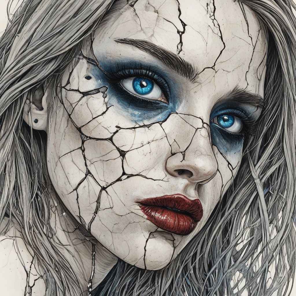 A Sam Guay-style illustration of a woman with dramatic goth makeup, bright blue eyes, and a stud in her upper lip, rendered in a close-up, high-contrast style reminiscent of a fisheye lens, with a focus on her face, cracked skin, and blood dripping from the cracks, on a plain white background.