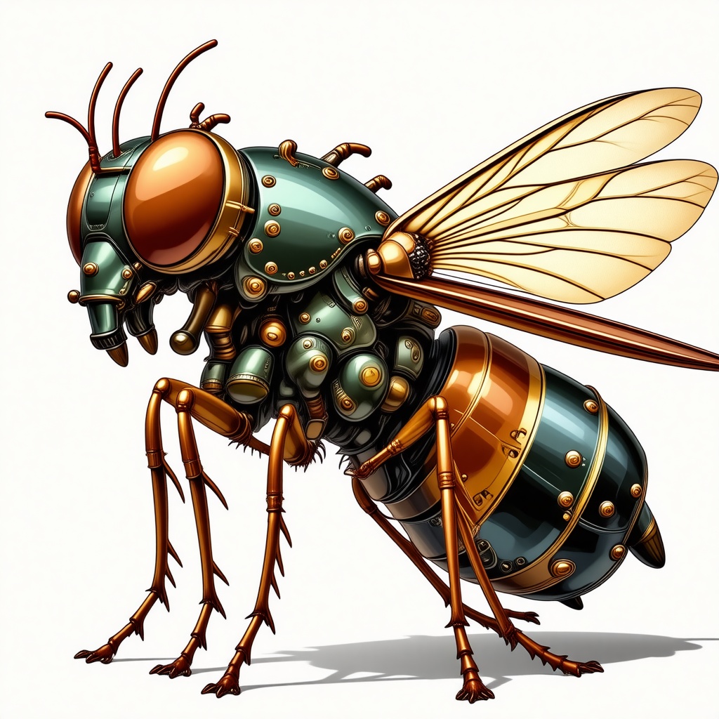 A stylized, full-body view of a dieselpunk-themed insect, Olive, with a metallic exoskeleton, copper accents, and visible gears, set against a plain white background, with a warm, golden lighting and subtle, dynamic shadows, in the style of a digital illustration with bold lines and vibrant colors