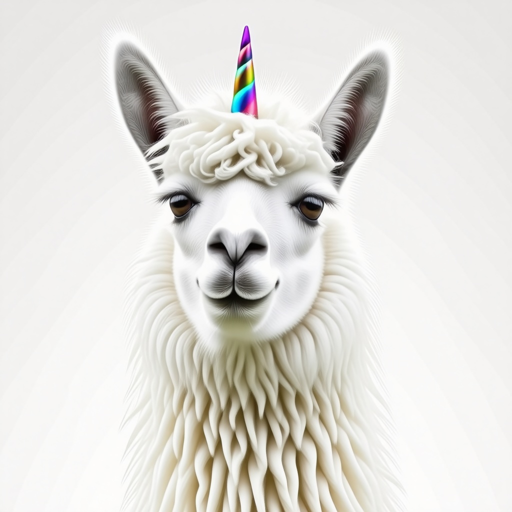 A llama with fluffy and curly white fur and a unicorn horn