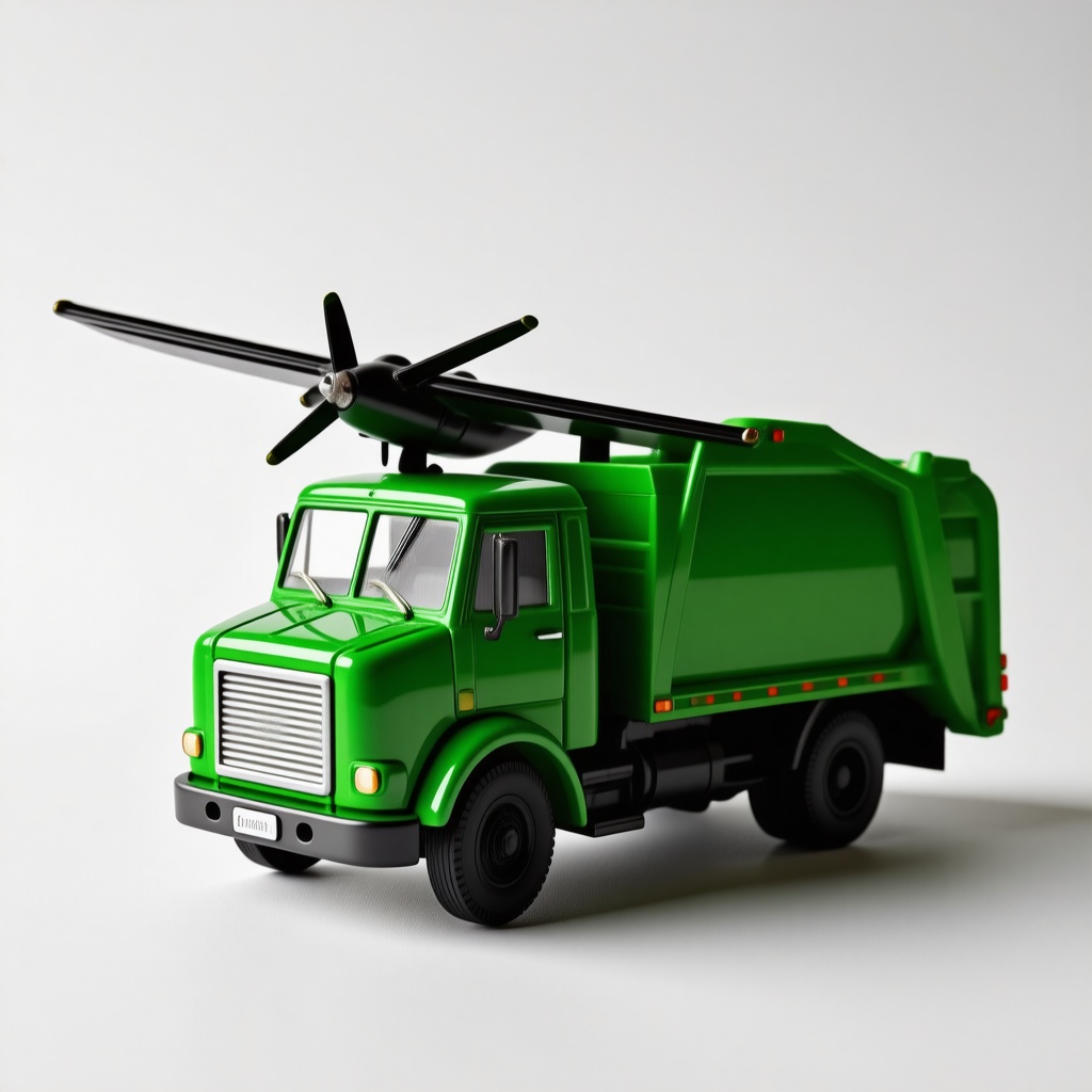toy green trash truck with large sleek cessna style airplane wing sticking out from sides